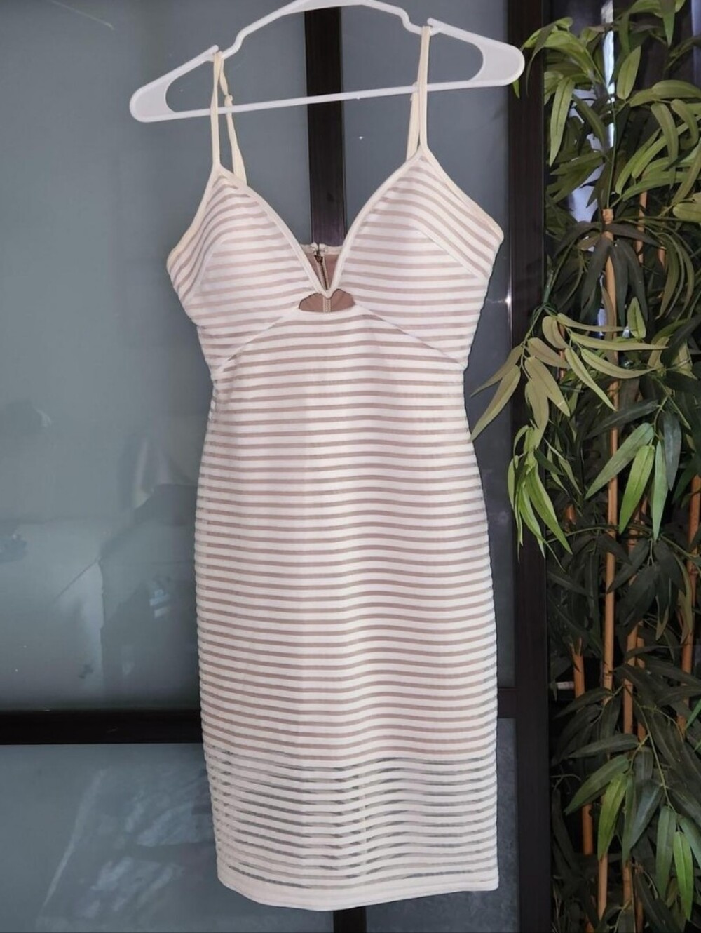Striped Ivory & Beige Spaghetti Strap Bodycon Dress